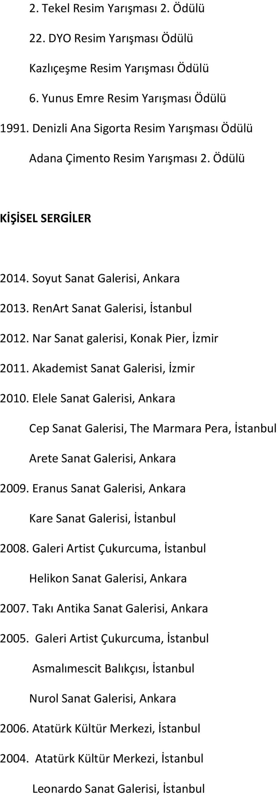 Nar Sanat galerisi, Konak Pier, İzmir 2011. Akademist Sanat Galerisi, İzmir 2010. Elele Sanat Galerisi, Ankara Cep Sanat Galerisi, The Marmara Pera, İstanbul Arete Sanat Galerisi, Ankara 2009.