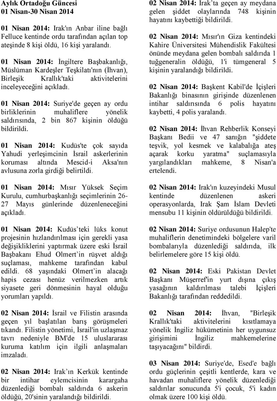 01 Nisan 2014: Suriye'de geçen ay ordu birliklerinin muhaliflere yönelik saldırısında, 2 bin 867 kişinin öldüğü 01 Nisan 2014: Kudüs'te çok sayıda Yahudi yerleşimcinin İsrail askerlerinin koruması