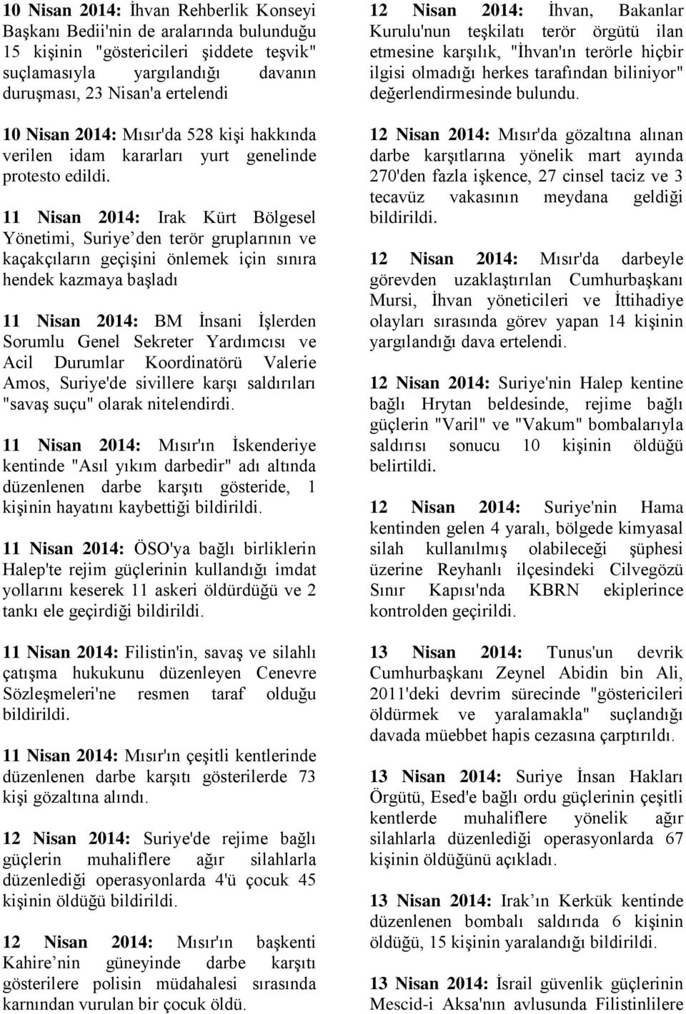 11 Nisan 2014: Irak Kürt Bölgesel Yönetimi, Suriye den terör gruplarının ve kaçakçıların geçişini önlemek için sınıra hendek kazmaya başladı 11 Nisan 2014: BM İnsani İşlerden Sorumlu Genel Sekreter