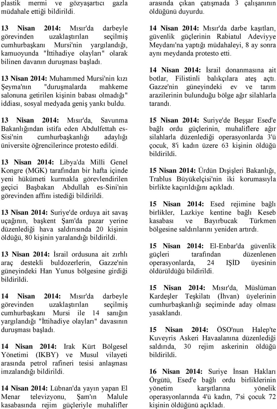 13 Nisan 2014: Mısır'da, Savunma Bakanlığından istifa eden Abdulfettah es- Sisi'nin cumhurbaşkanlığı adaylığı üniversite öğrencilerince protesto edildi.