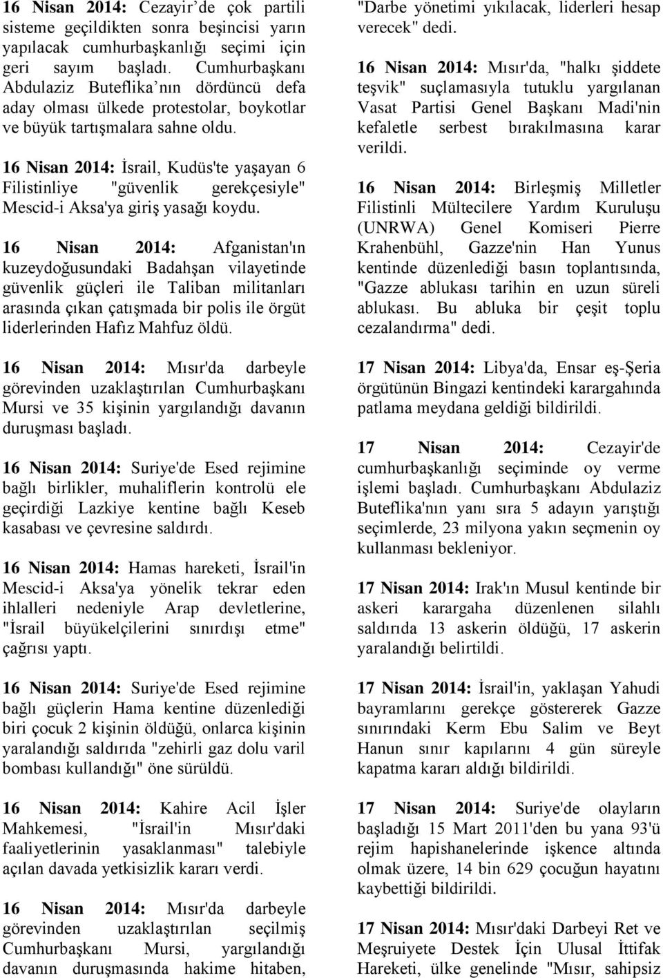 16 Nisan 2014: İsrail, Kudüs'te yaşayan 6 Filistinliye "güvenlik gerekçesiyle" Mescid-i Aksa'ya giriş yasağı koydu.