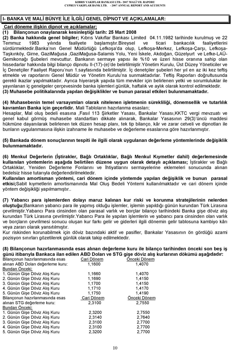 banka nın Genel Müdürlüğü Lefkoşa da olup, Lefkoşa-Merkez, Lefkoşa-Çarşı, Lefkoşa- Taşkınköy, Girne, GaziMağusa,GaziMağusa-Salamis Yolu, Yeni İskele, Akdoğan, Güzelyurt ve Lefke-LAÜ- Gemikonağı