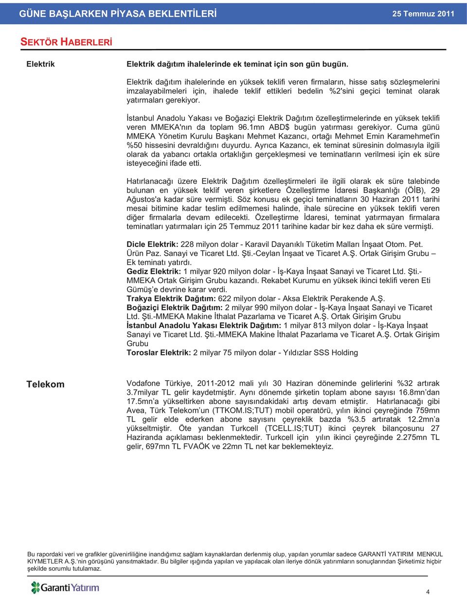 stanbul Anadolu Yakas ve Bo aziçi Elektrik Da t m özelle tirmelerinde en yüksek teklifi veren MMEKA'n n da toplam 96.1mn ABD$ bugün yat rmas gerekiyor.