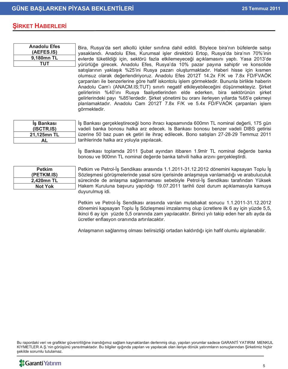 Anadolu Efes, Rusya da 10% pazar pay na sahiptir ve konsolide sat lar n n yakla k %25 ini Rusya pazar olu turmaktad r. Haberi hisse için k smen olumsuz olarak de erlendiriyoruz. Anadolu Efes 2012T 14.