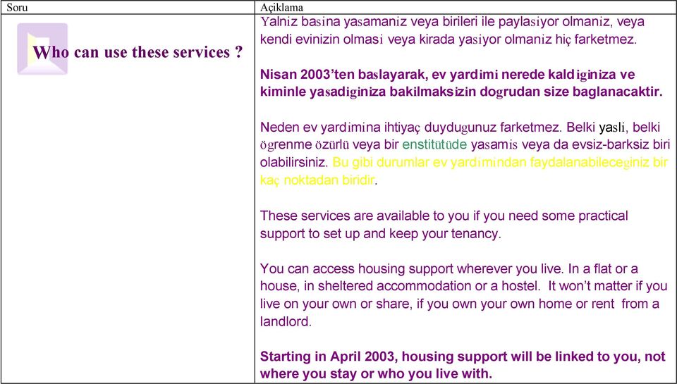 Belki yasli, belki ögrenme özürlü veya bir enstitütüde yasamis veya da evsiz-barksiz biri olabilirsiniz. Bu gibi durumlar ev yardimindan faydalanabileceginiz bir kaç noktadan biridir.