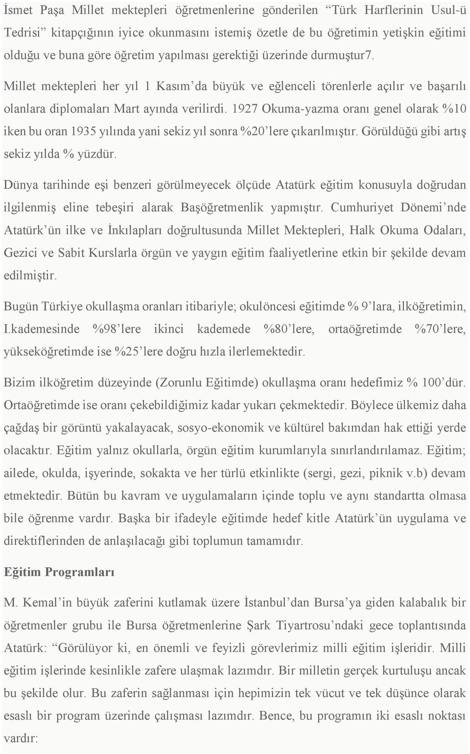 1927 Okuma-yazma oranı genel olarak %10 iken bu oran 1935 yılında yani sekiz yıl sonra %20 lere çıkarılmıştır. Görüldüğü gibi artış sekiz yılda % yüzdür.