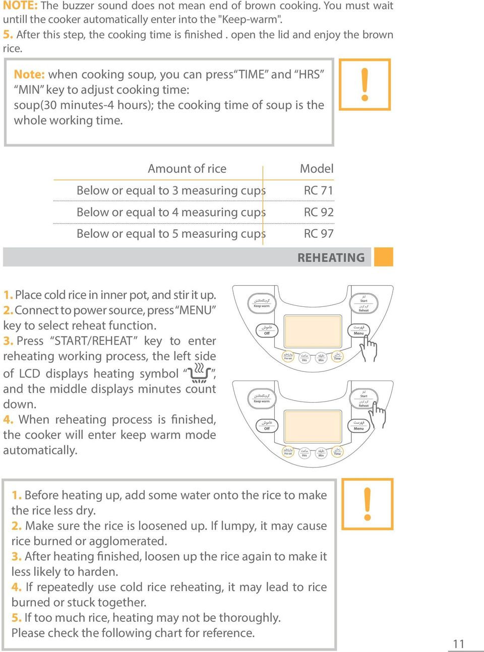 Amount of rice Model Below or equal to 3 measuring cups RC 71 Below or equal to 4 measuring cups RC 92 Below or equal to 5 measuring cups RC 97 REHEATING 1.