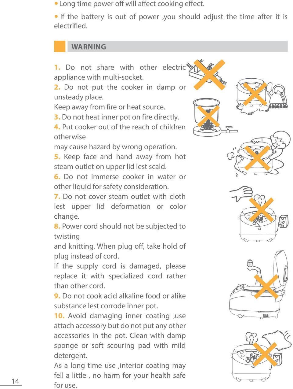 Put cooker out of the reach of children otherwise may cause hazard by wrong operation. 5. Keep face and hand away from hot steam outlet on upper lid lest scald. 6.