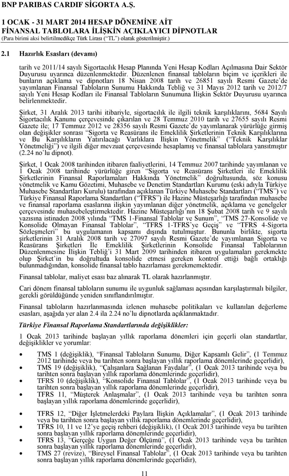 Mayıs 2012 tarih ve 2012/7 sayılı Yeni Hesap Kodları ile Finansal Tabloların Sunumuna İlişkin Sektör Duyurusu uyarınca belirlenmektedir.