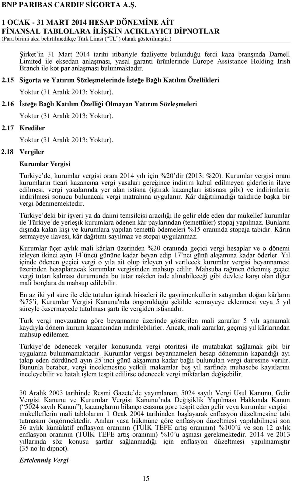 2.17 Krediler Yoktur (31 Aralık 2013: Yoktur). 2.18 Vergiler Kurumlar Vergisi Türkiye de, kurumlar vergisi oranı 2014 yılı için %20 dir (2013: %20).