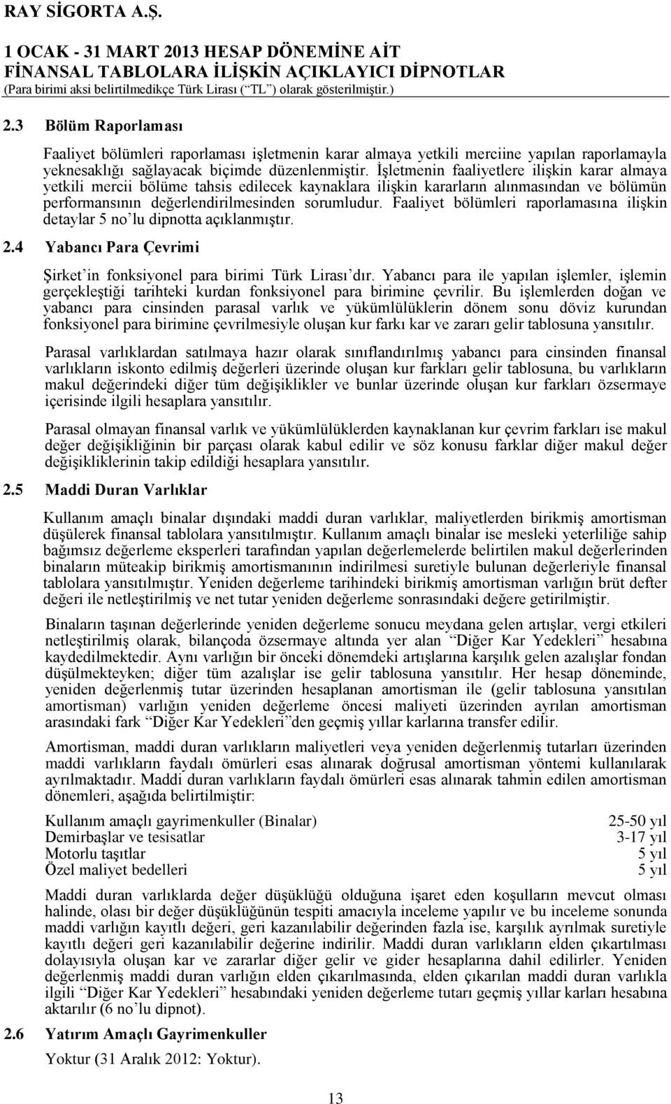 Faaliyet bölümleri raporlamasına ilişkin detaylar 5 no lu dipnotta açıklanmıştır. 2.4 Yabancı Para Çevrimi Şirket in fonksiyonel para birimi Türk Lirası dır.