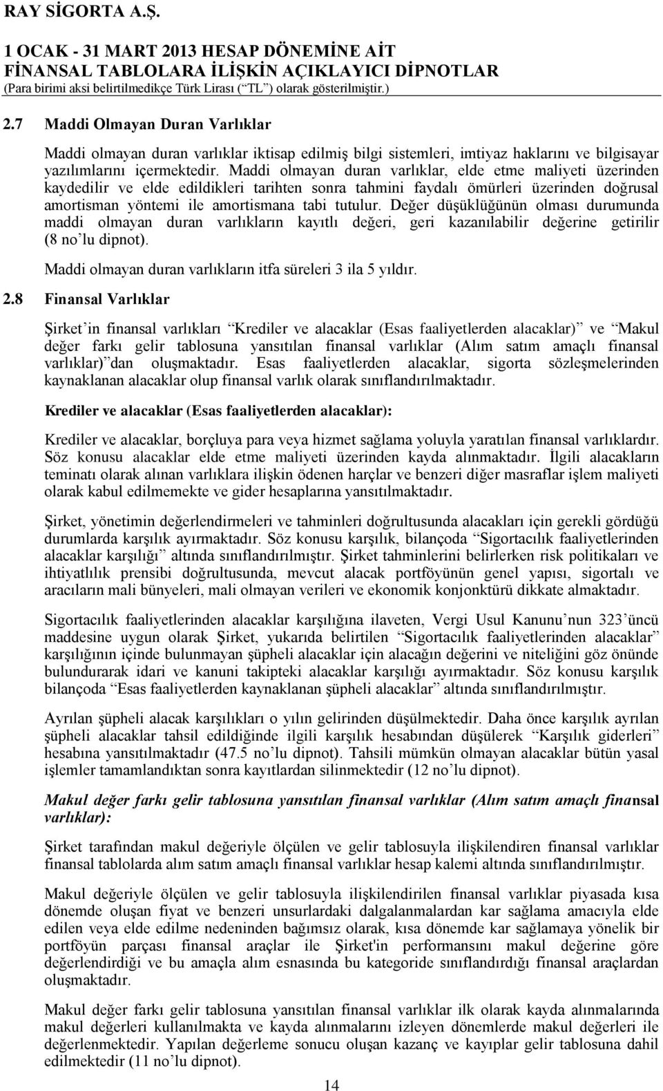 Değer düşüklüğünün olması durumunda maddi olmayan duran varlıkların kayıtlı değeri, geri kazanılabilir değerine getirilir (8 no lu dipnot).