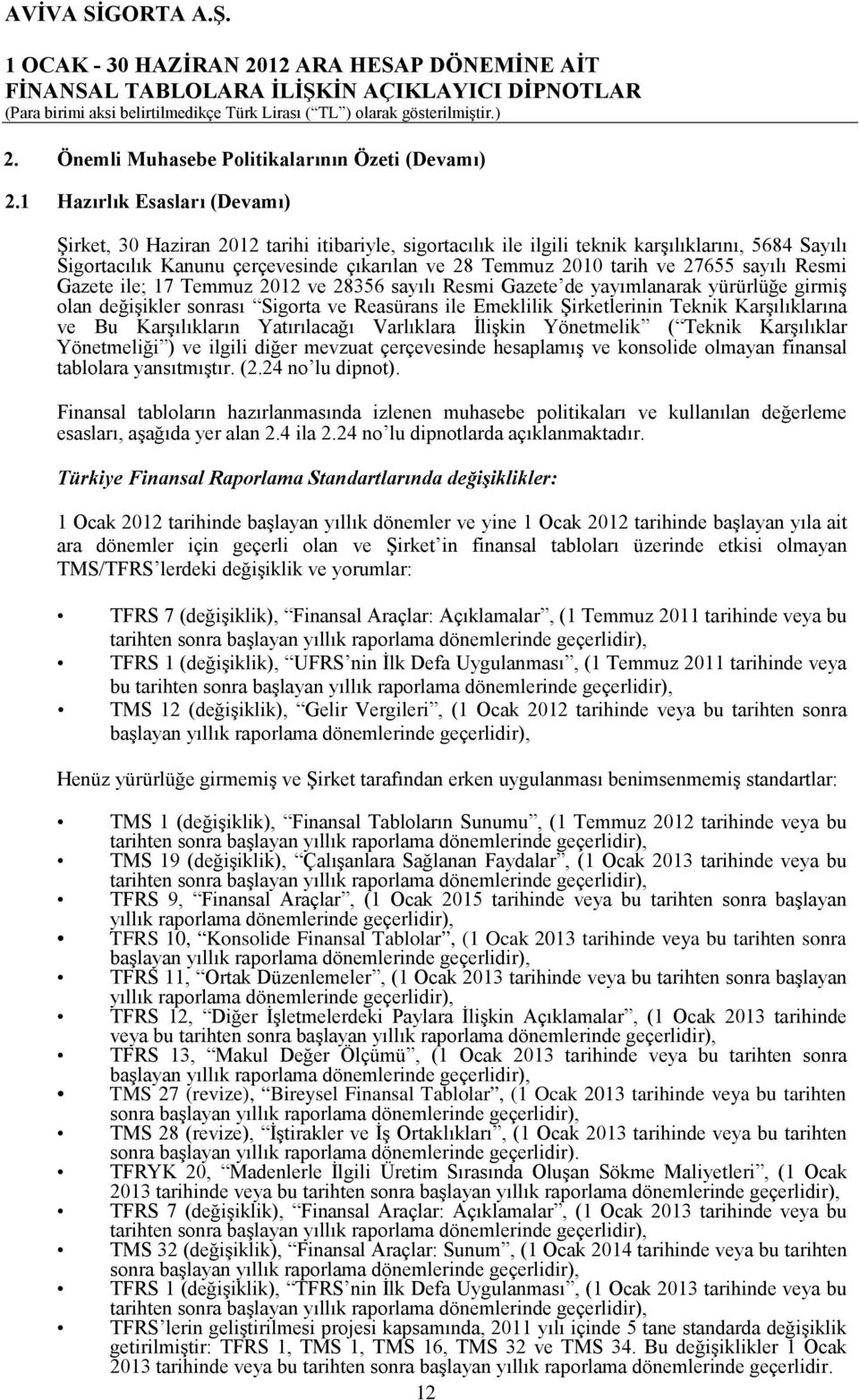 ve 27655 sayılı Resmi Gazete ile; 17 Temmuz 2012 ve 28356 sayılı Resmi Gazete de yayımlanarak yürürlüğe girmiş olan değişikler sonrası Sigorta ve Reasürans ile Emeklilik Şirketlerinin Teknik