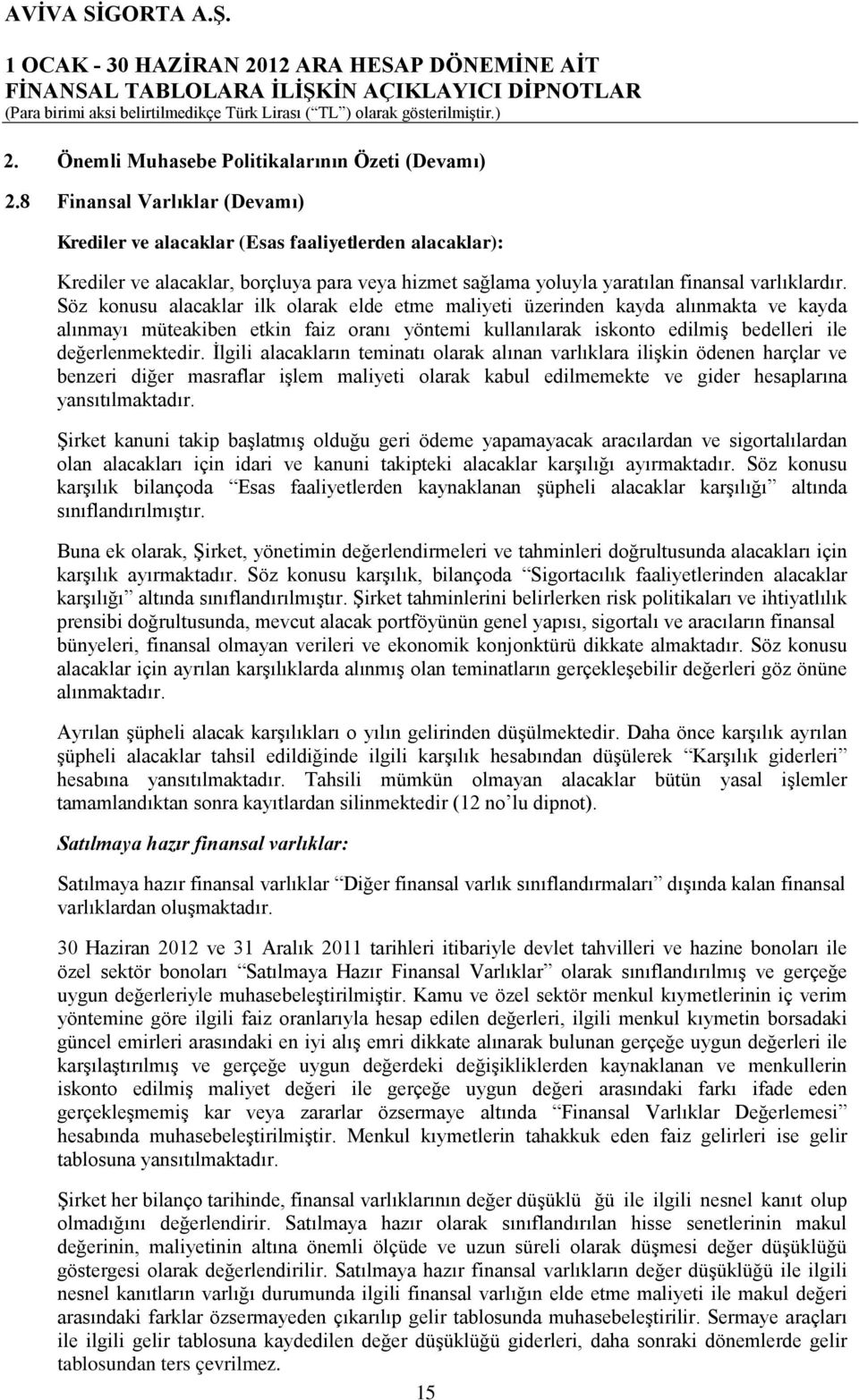 Söz konusu alacaklar ilk olarak elde etme maliyeti üzerinden kayda alınmakta ve kayda alınmayı müteakiben etkin faiz oranı yöntemi kullanılarak iskonto edilmiş bedelleri ile değerlenmektedir.