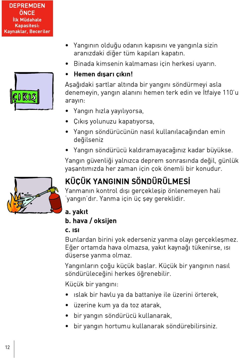 Afla daki flartlar alt nda bir yang n söndürmeyi asla denemeyin, yang n alan n hemen terk edin ve tfaiye 110 u aray n: Yang n h zla yay l yorsa, Ç k fl yolunuzu kapat yorsa, Yang n söndürücünün nas l