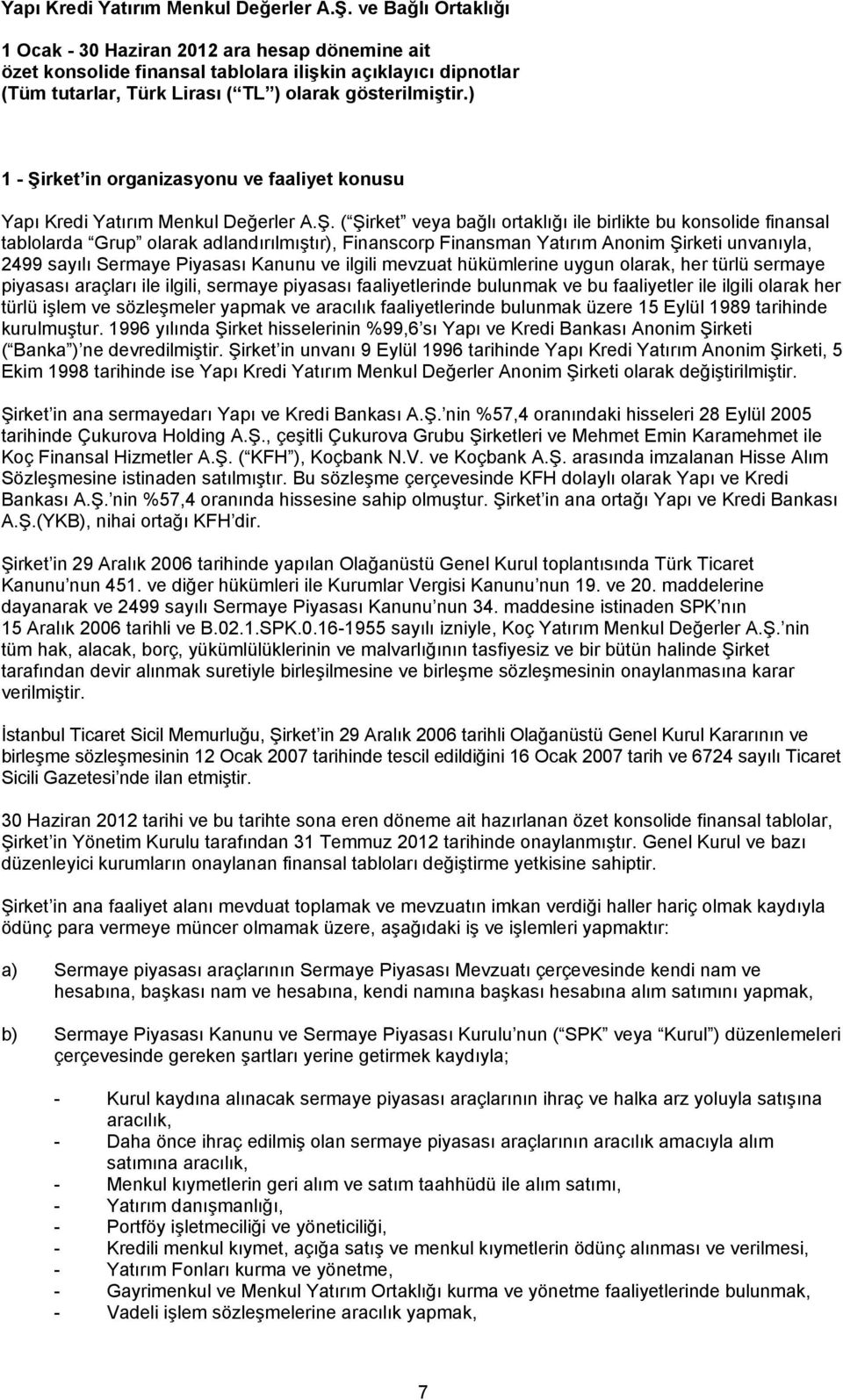 ( Şirket veya bağlı ortaklığı ile birlikte bu konsolide finansal tablolarda Grup olarak adlandırılmıştır), Finanscorp Finansman Yatırım Anonim Şirketi unvanıyla, 2499 sayılı Sermaye Piyasası Kanunu