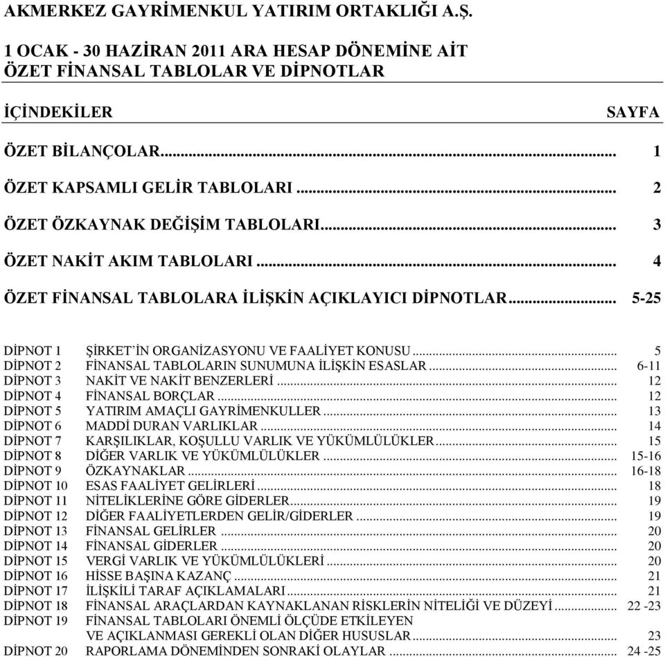 .. 12 DĠPNOT 4 FĠNANSAL BORÇLAR... 12 DĠPNOT 5 YATIRIM AMAÇLI GAYRĠMENKULLER... 13 DĠPNOT 6 MADDĠ DURAN VARLIKLAR... 14 DĠPNOT 7 KARġILIKLAR, KOġULLU VARLIK VE YÜKÜMLÜLÜKLER.