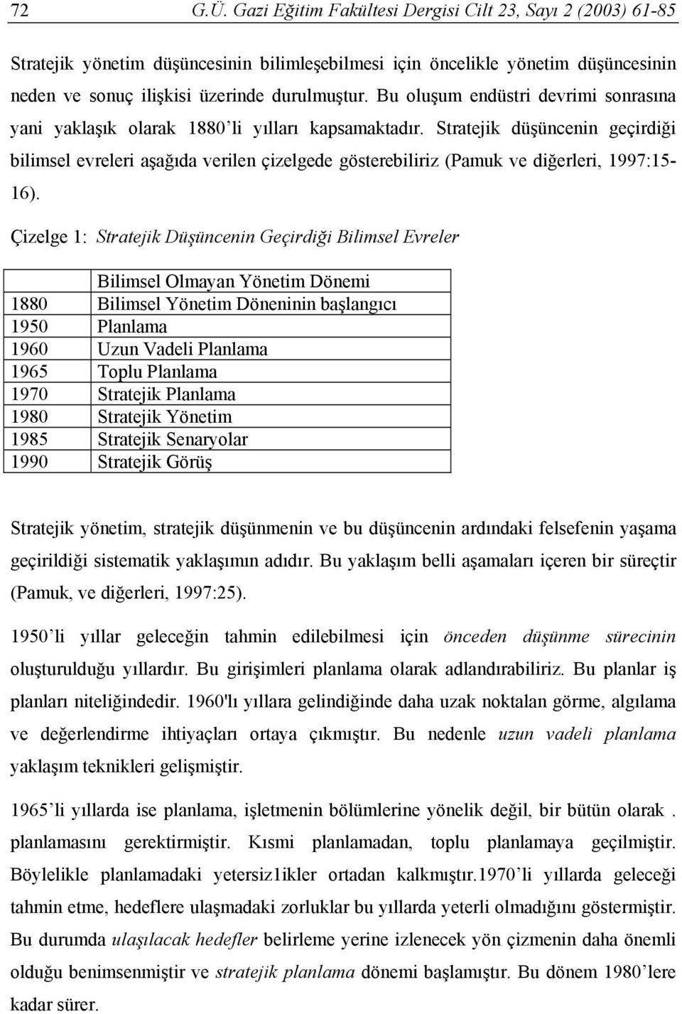 Stratejik düşüncenin geçirdiği bilimsel evreleri aşağıda verilen çizelgede gösterebiliriz (Pamuk ve diğerleri, 1997:15-16).