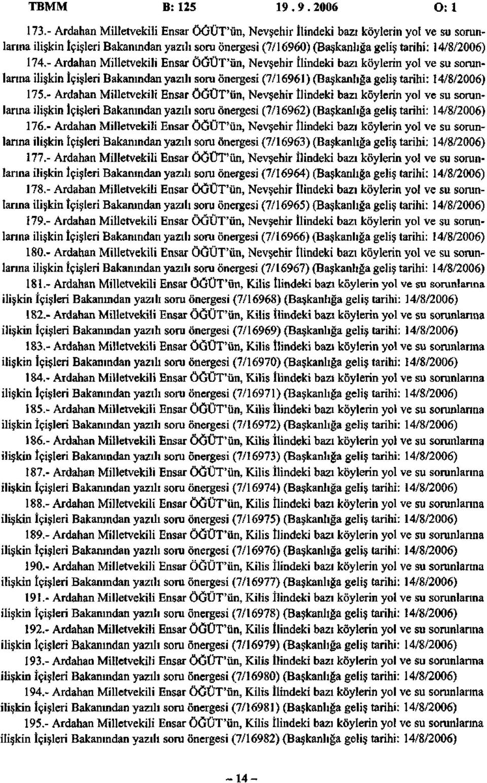 - Ardahan Milletvekili Ensar ÖĞÜT'ün, Nevşehir İlindeki bazı köylerin yol ve su sorunlarına ilişkin İçişleri Bakanından yazılı soru önergesi (7/16961) (Başkanlığa geliş tarihi: 14/8/2006) 175.