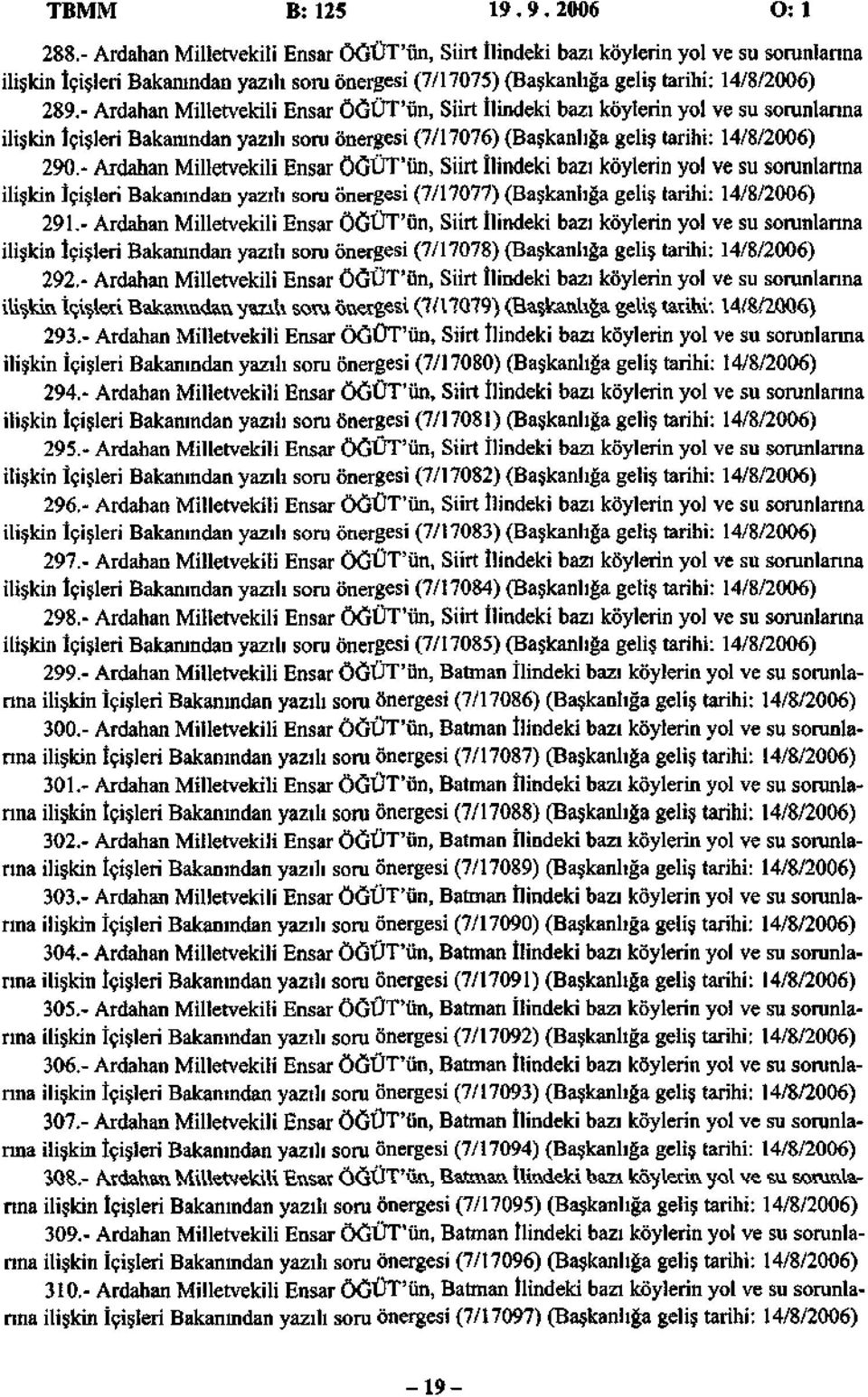 - Ardahan Milletvekili Ensar ÖGÜT'ün, Siirt İlindeki bazı köylerin yol ve su sorunlarına ilişkin İçişleri Bakanından yazılı soru önergesi (7/17076) (Başkanlığa geliş tarihi: 14/8/2006) 290.
