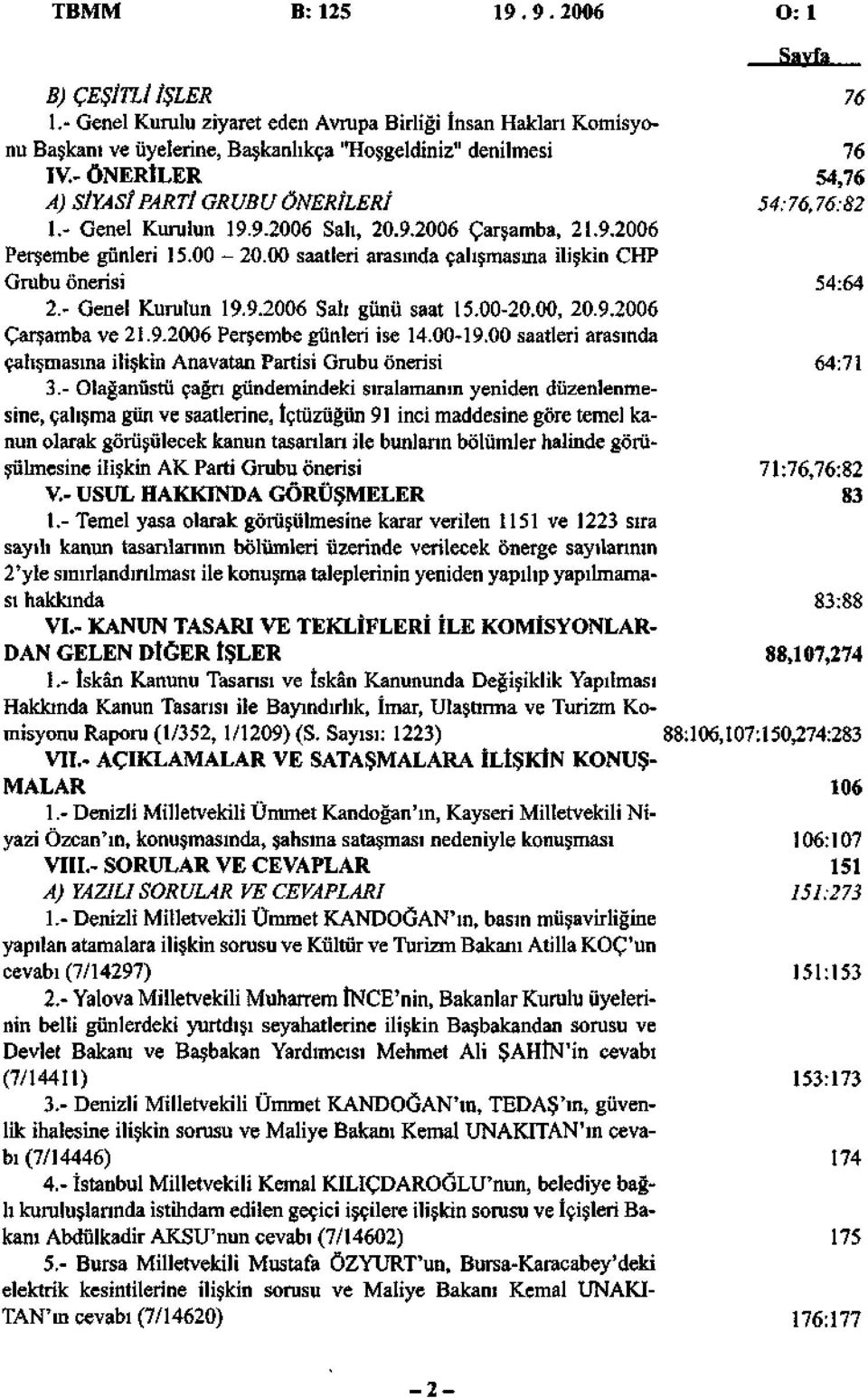 00 saatleri arasında çalışmasına ilişkin Grubu önerisi 54:64 2.- Genel Kurulun 19.9.2006 Salı günü saat 15.00-20.00, 20.9.2006 Çarşamba ve 21.9.2006 Perşembe günleri ise 14.00-19.