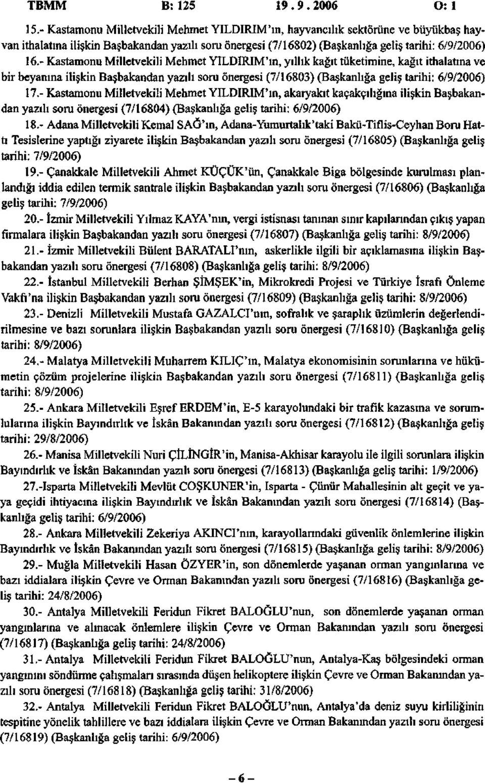 - Kastamonu Milletvekili Mehmet YILDIRIM'ın, yıllık kağıt tüketimine, kağıt ithalatına ve bir beyanına ilişkin Başbakandan yazılı soru önergesi (7/16803) (Başkanlığa geliş tarihi: 6/9/2006) 17.