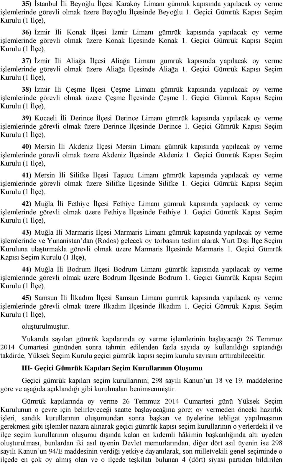 Geçici Gümrük Kapısı Seçim 37) İzmir İli Aliağa İlçesi Aliağa Limanı gümrük kapısında yapılacak oy verme işlemlerinde görevli olmak üzere Aliağa İlçesinde Aliağa 1.