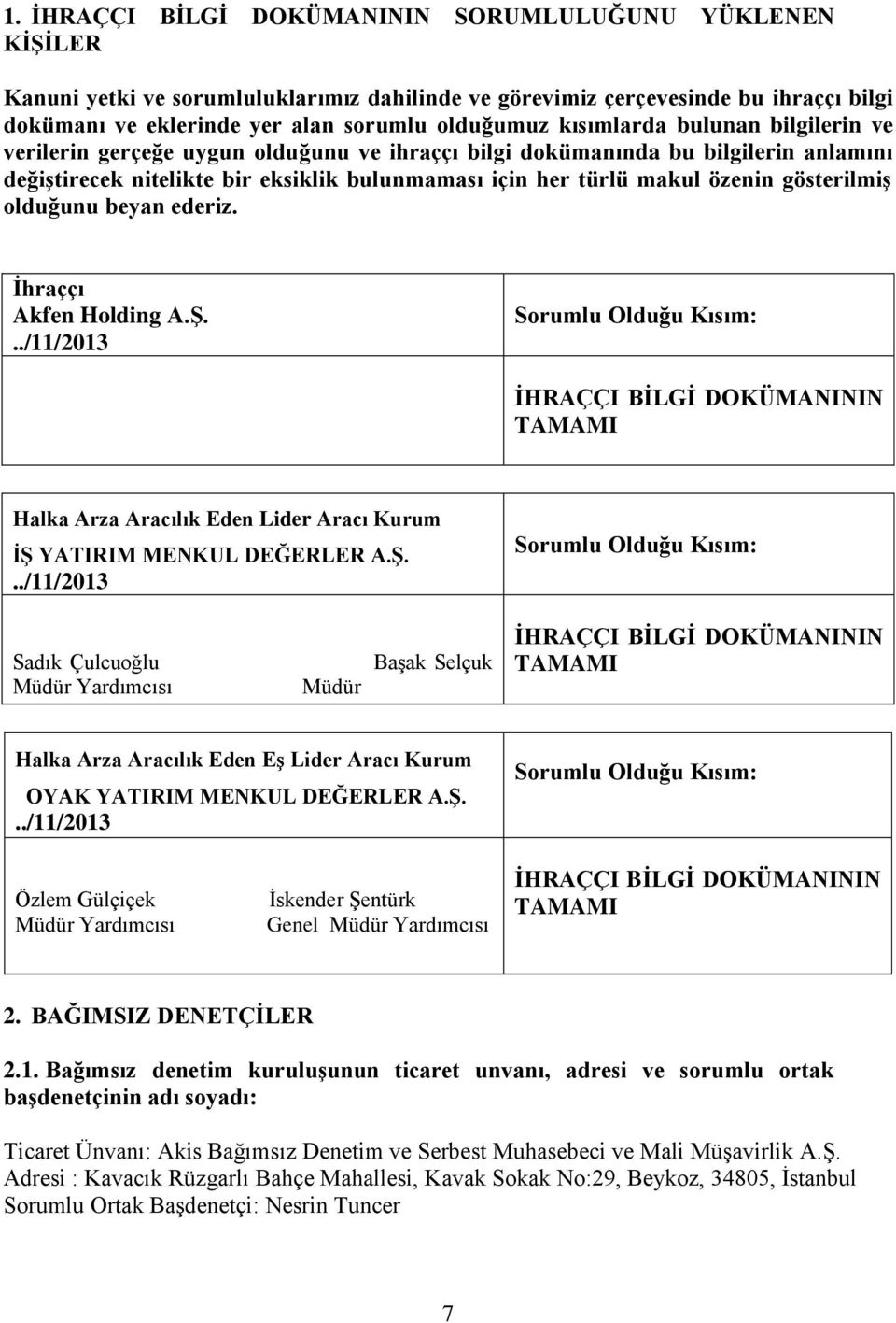 gösterilmiş olduğunu beyan ederiz. İhraççı Akfen Holding A.Ş.../11/2013 Sorumlu Olduğu Kısım: İHRAÇÇI BİLGİ DOKÜMANININ TAMAMI Halka Arza Aracılık Eden Lider Aracı Kurum İŞ YATIRIM MENKUL DEĞERLER A.