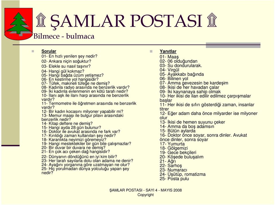 11- Termometre ile öğretmen arasında ne benzerlik vardır? 12- Bir kadın kocasını milyoner yapabilir mi? 13- Memur maaşı ile bulgur pilavı arasındaki benzerlik nedir? 14- Kitap deftere ne demiş?