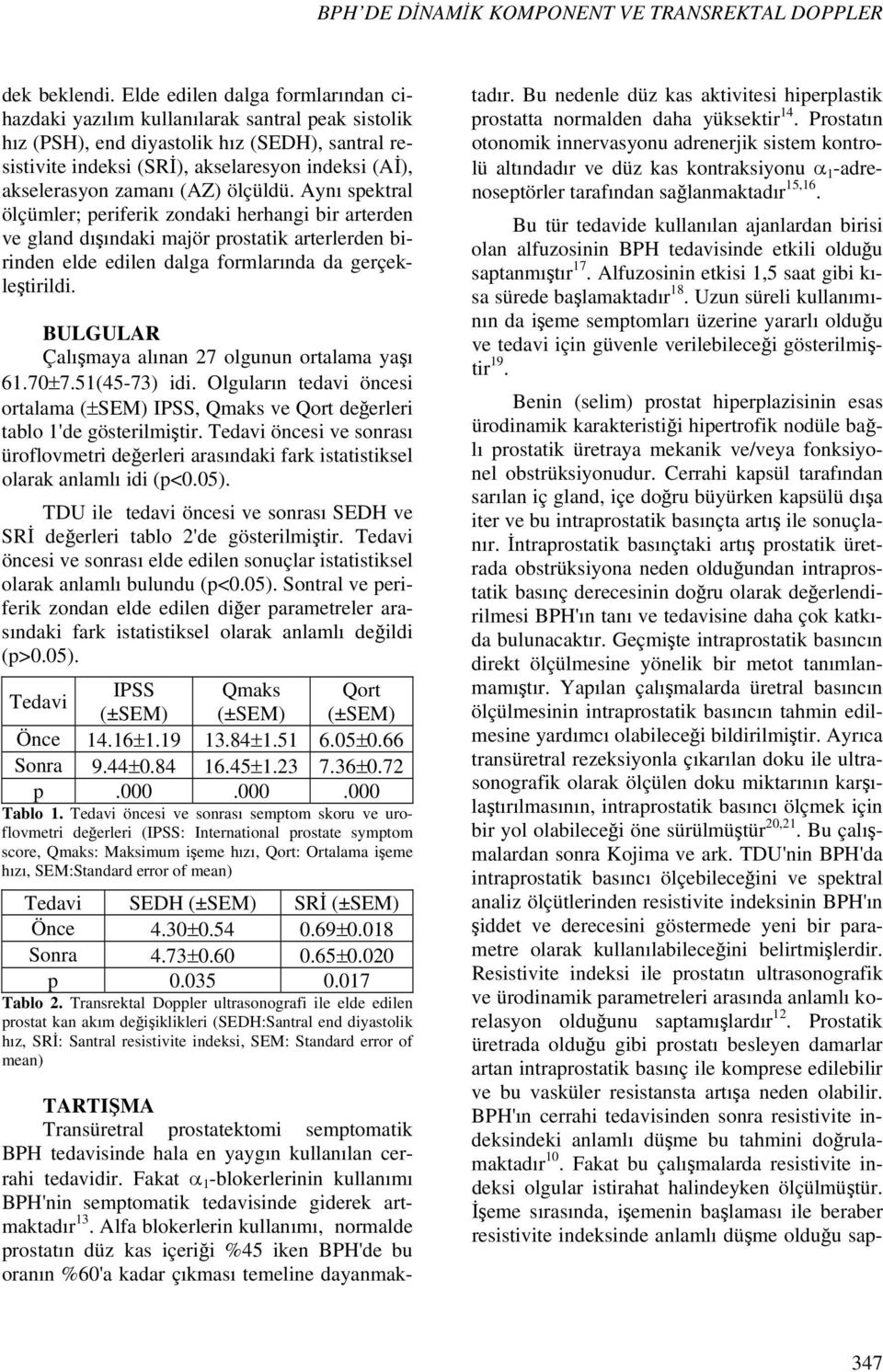 zamanı (AZ) ölçüldü. Aynı spektral ölçümler; periferik zondaki herhangi bir arterden ve gland dışındaki majör prostatik arterlerden birinden elde edilen dalga formlarında da gerçekleştirildi.