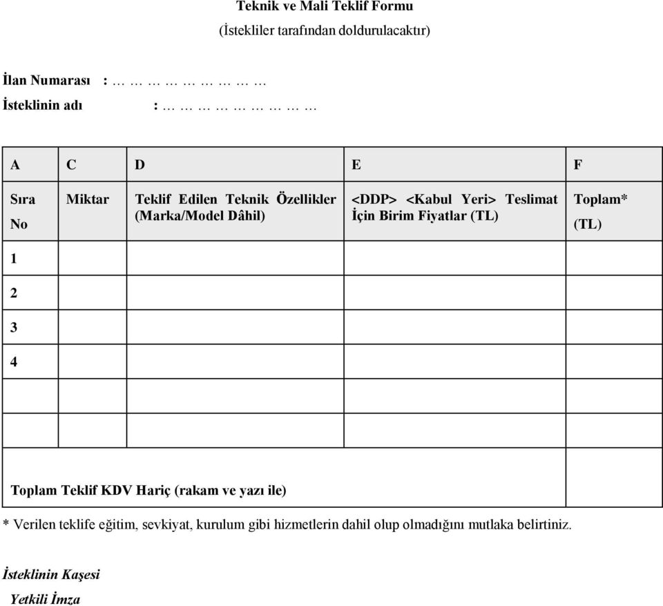 Birim Fiyatlar (TL) Toplam* (TL) 1 2 3 4 Toplam Teklif KDV Hariç (rakam ve yazı ile) * Verilen teklife