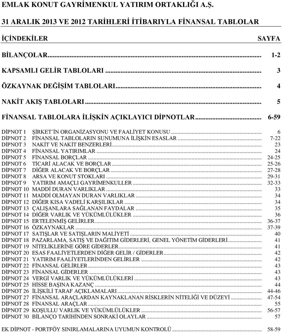 .. 24 DİPNOT 5 FİNANSAL BORÇLAR... 24-25 DİPNOT 6 TİCARİ ALACAK VE BORÇLAR... 25-26 DİPNOT 7 DİĞER ALACAK VE BORÇLAR... 27-28 DİPNOT 8 ARSA VE KONUT STOKLARI.