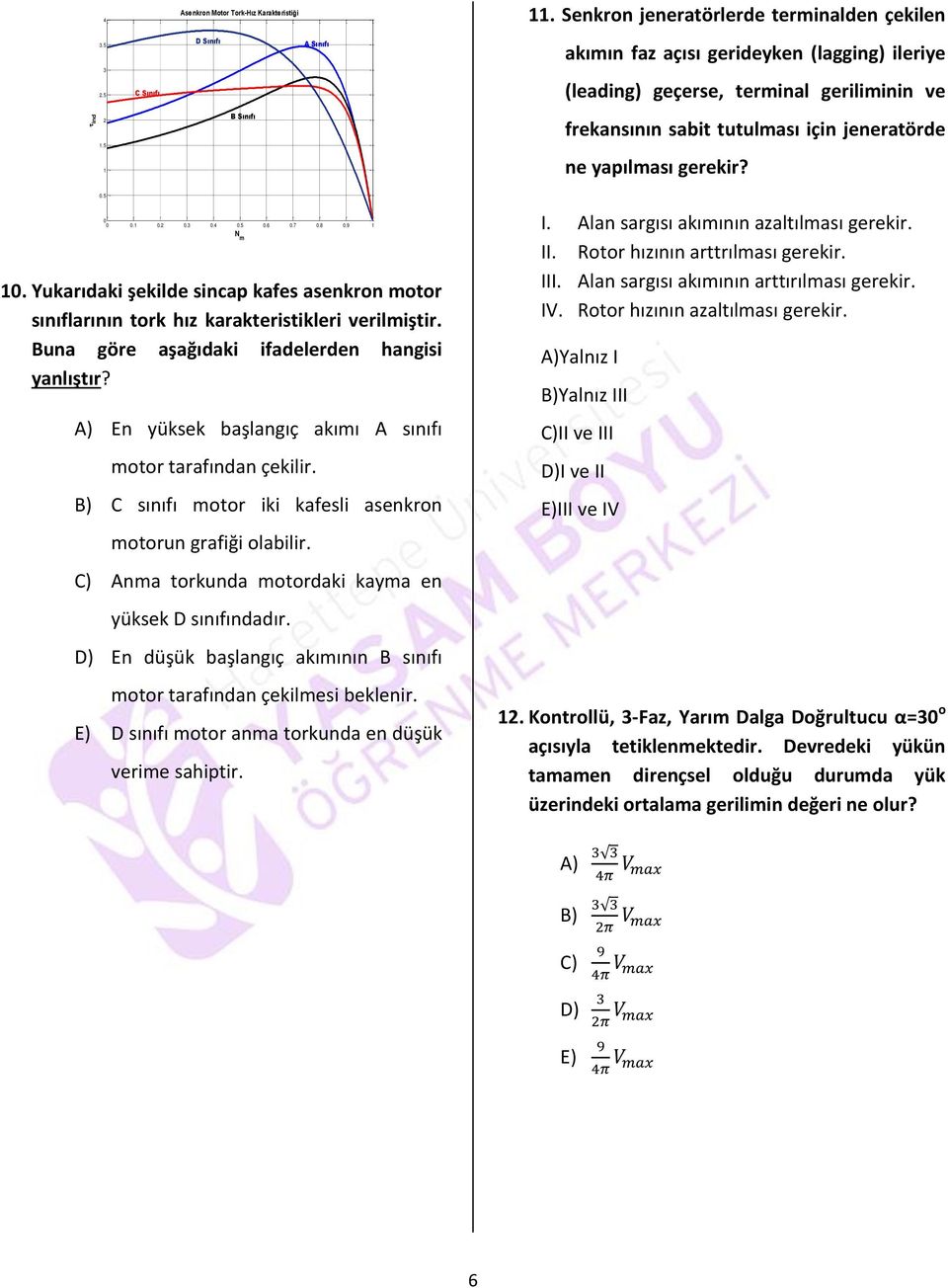 Yukarıdaki şekilde sincap kafes asenkron motor sınıflarının tork hız karakteristikleri verilmiştir. Buna göre aşağıdaki ifadelerden hangisi yanlıştır?