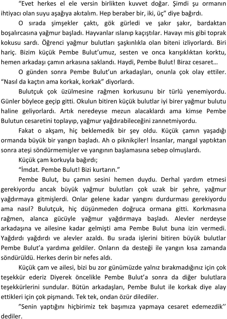 Öğrenci yağmur bulutları şaşkınlıkla olan biteni izliyorlardı. Biri hariç. Bizim küçük Pembe Bulut umuz, sesten ve onca karışıklıktan korktu, hemen arkadaşı çamın arkasına saklandı.