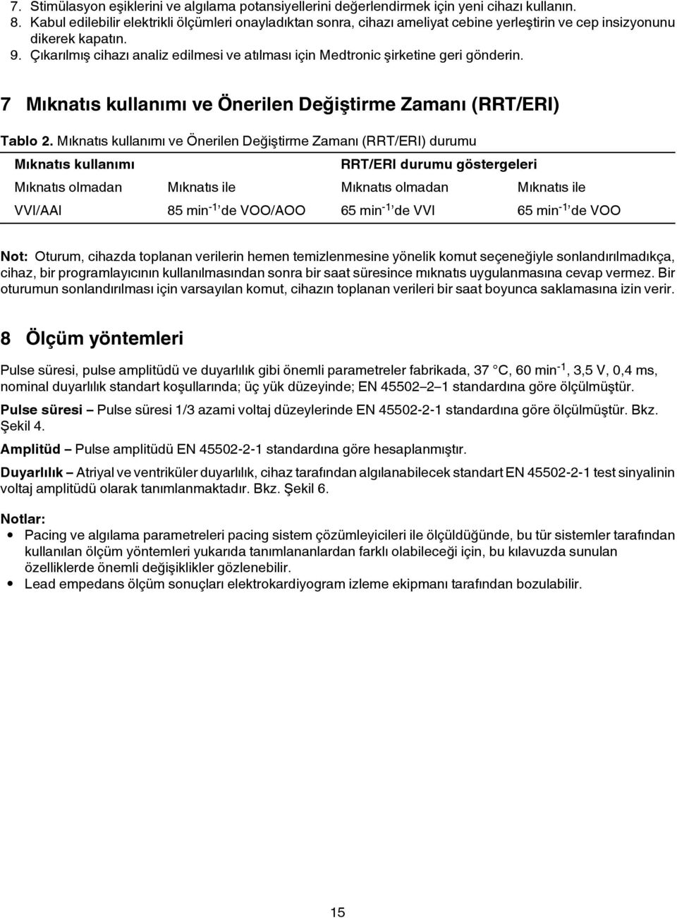 Çıkarılmış cihazı analiz edilmesi ve atılması için Medtronic şirketine geri gönderin. 7 Mıknatıs kullanımı ve Önerilen Değiştirme Zamanı (RRT/ERI) Tablo 2.