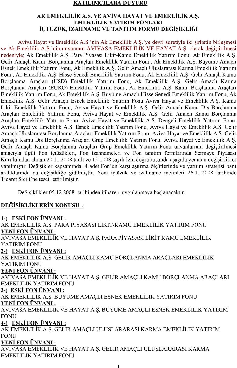 Ş. Büyüme Amaçlı Esnek Emeklilik Yatırım Fonu, Ak Emeklilik A.Ş. Gelir Amaçlı Uluslararası Karma Emeklilik Yatırım Fonu, Ak Emeklilik A.Ş. Hisse Senedi Emeklilik Yatırım Fonu, Ak Emeklilik A.Ş. Gelir Amaçlı Kamu Borçlanma Araçları (USD) Emeklilik Yatırım Fonu, Ak Emeklilik A.