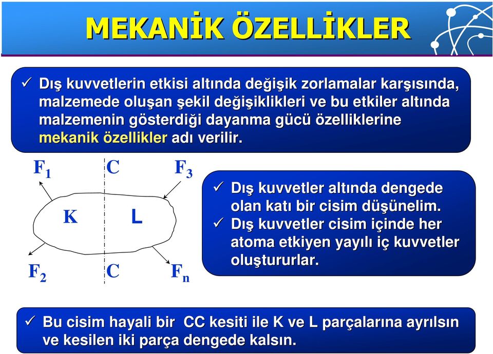 F 1 C F 3 F 2 K C L F n Dış kuvvetler altında dengede olan katı bir cisim düşünelim.