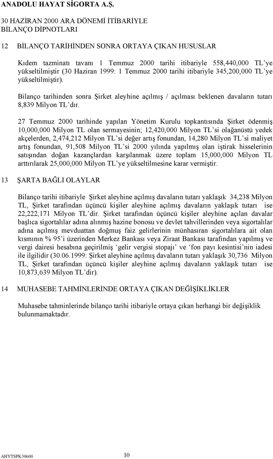 27 Temmuz 2000 tarihinde yapılan Yönetim Kurulu topkantısında Şirket ödenmiş 10,000,000 Milyon TL olan sermayesinin; 12,420,000 Milyon TL si olağanüstü yedek akçelerden, 2,474,212 Milyon TL si değer