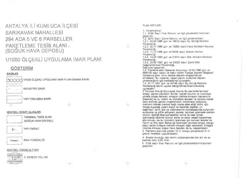 .. TARIMSAL TESİS ALANI (SOĞUK HAVA DEPOSU) YAPI EMSALİ BİNA YÜKSEKLİĞİ KENTSEL TEKNİK ALTYAPI PLAN NOTLARI: 1- Yönetmelikler: 1.1. 3194 Sayılı İmar Kanunu ve ilgili yönetmelik hükümleri geçerlidir.