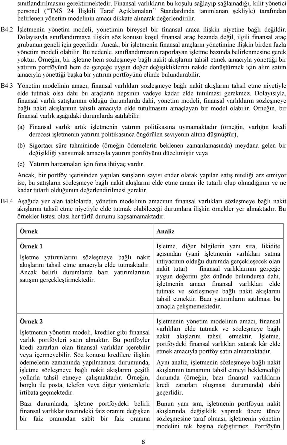 dikkate alınarak değerlendirilir. B4.2 İşletmenin yönetim modeli, yönetimin bireysel bir finansal araca ilişkin niyetine bağlı değildir.