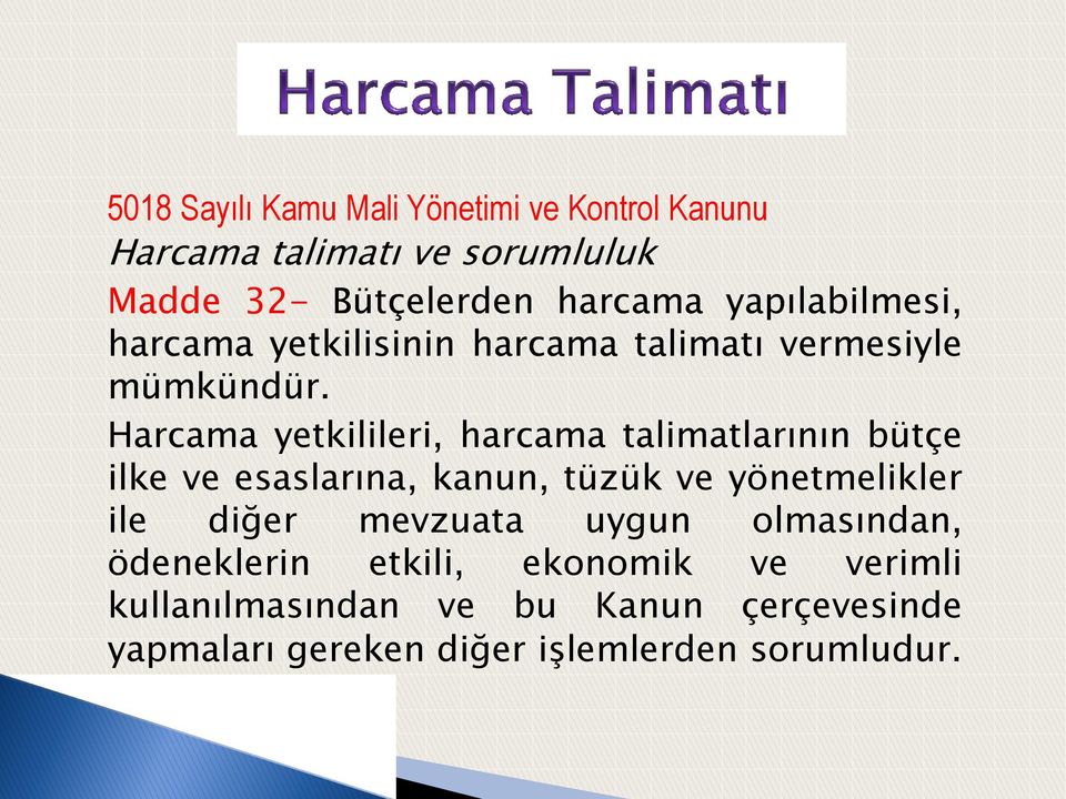 Harcama yetkilileri, harcama talimatlarının bütçe ilke ve esaslarına, kanun, tüzük ve yönetmelikler ile diğer