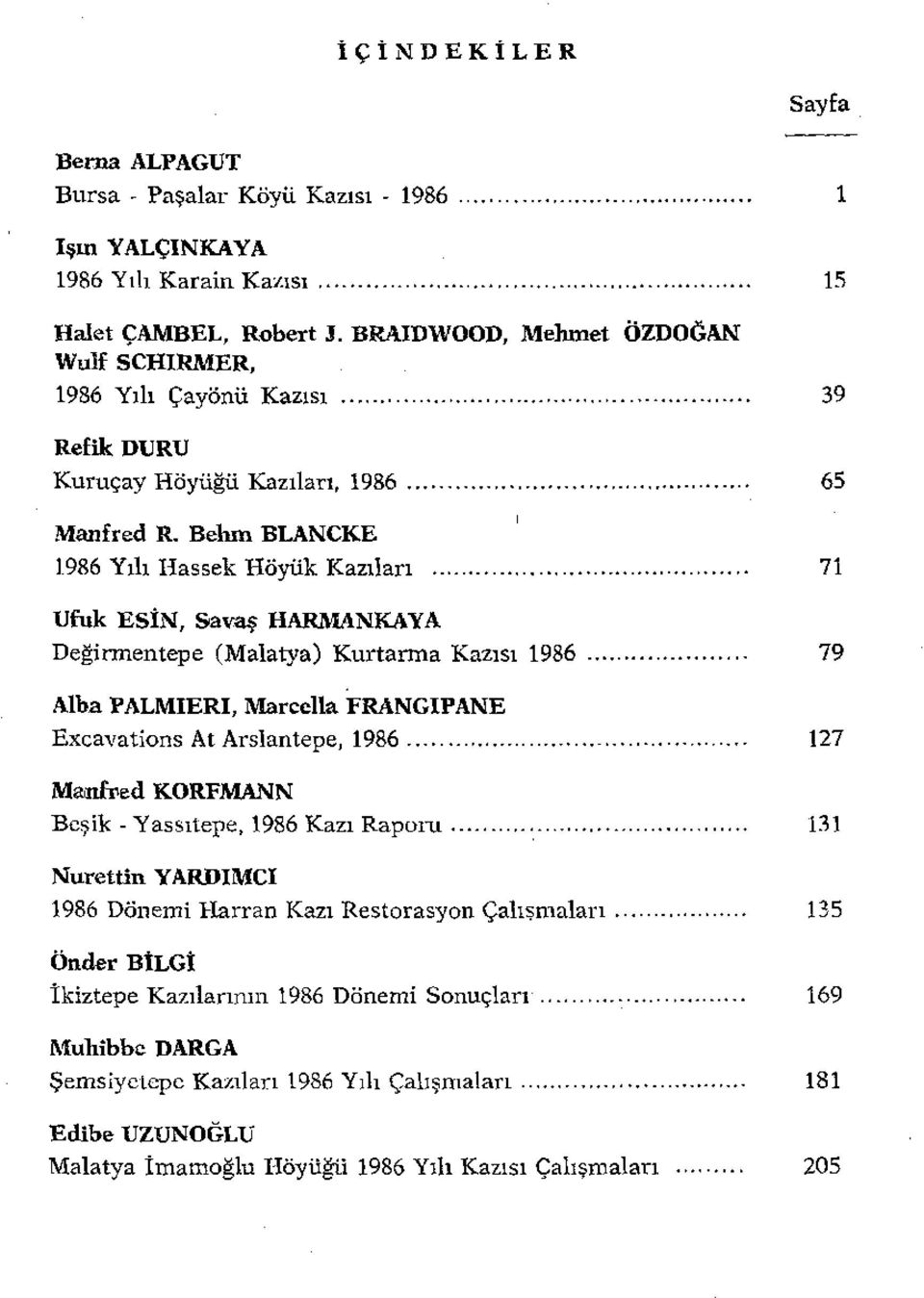 Behm BLANCKE 1986 Yılı Hassek Höyük Kazıları 71 Ufuk EsiN, Savaş HARMANKAYA Değirmentepe (Malatya) Kurtarma Kazısı 1986 79 Alba PALMIERI, Marcella FRANGIPANE Excavations At Arslantepe, 1986 -.