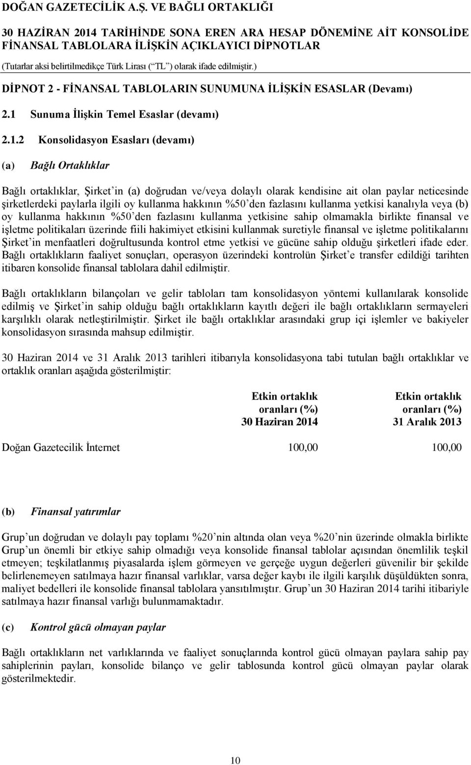 2 Konsolidasyon Esasları (devamı) (a) Bağlı Ortaklıklar Bağlı ortaklıklar, Şirket in (a) doğrudan ve/veya dolaylı olarak kendisine ait olan paylar neticesinde şirketlerdeki paylarla ilgili oy