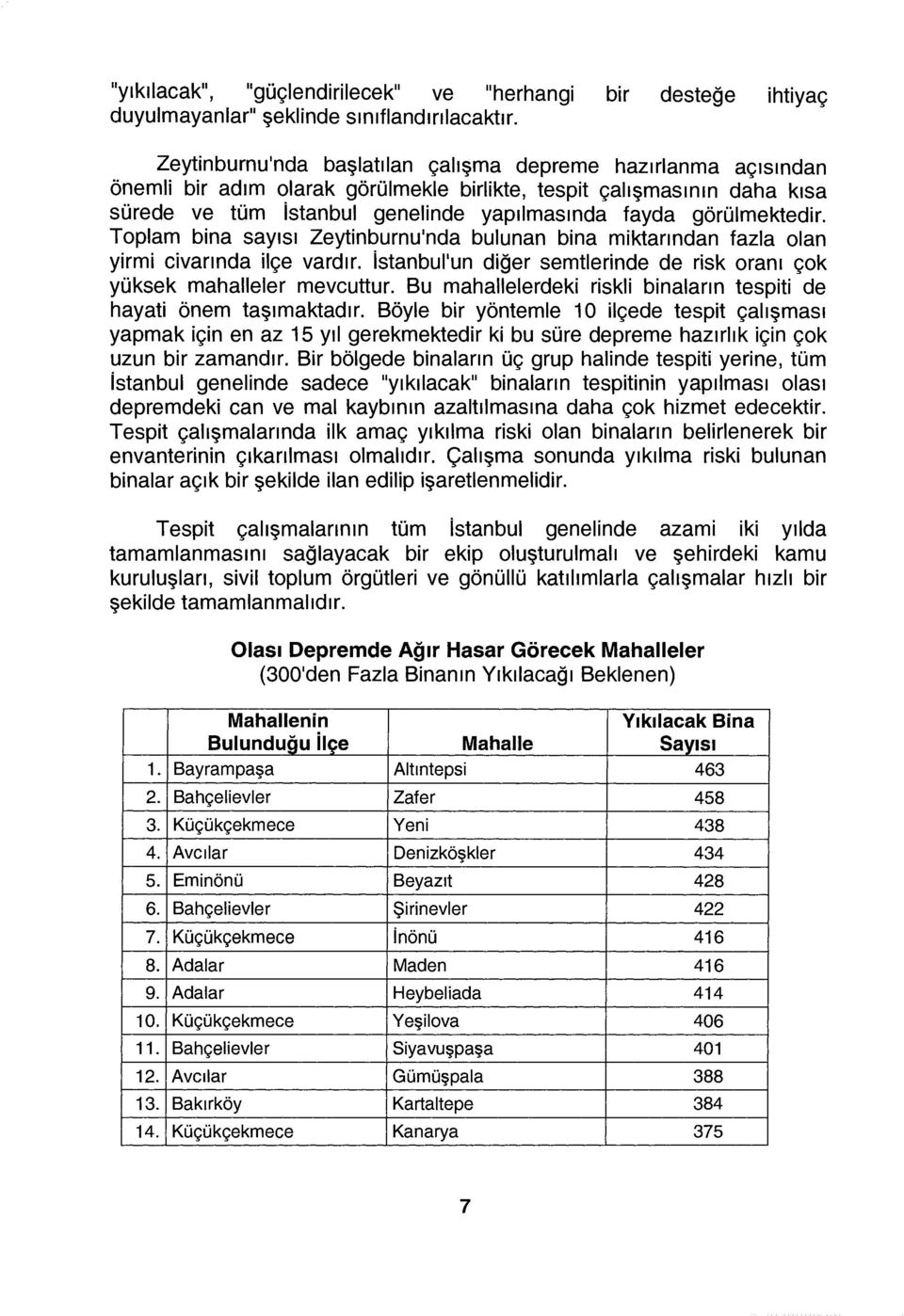 görülmektedir. Toplam bina sayısı Zeytinburnu'nda bulunan bina miktarından fazla olan yirmi civarında ilçe vardır. istanbul'un diğer semtlerinde de risk oranı çok yüksek mahalleler mevcuttur.