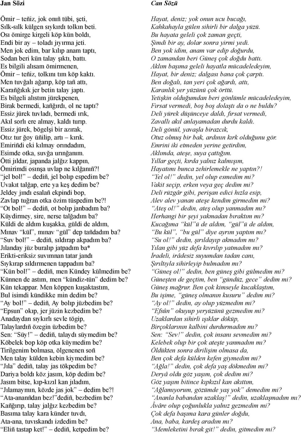 Men tuvðalý aðarýp, köp tañ attý, Karañðýkýk jer betin talay japtý. Es bilgeli alýstým jürekpenen, Birak bermedi, kañðýrdý, ol ne taptý?