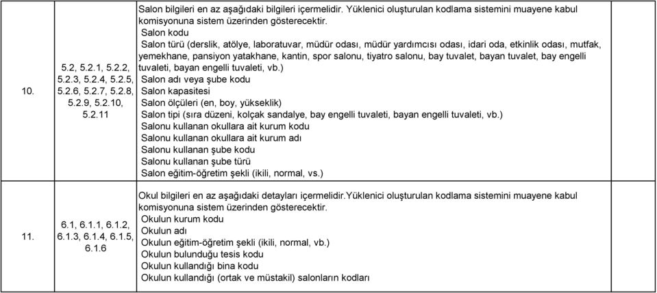 Salon kodu Salon türü (derslik, atölye, laboratuvar, müdür odası, müdür yardımcısı odası, idari oda, etkinlik odası, mutfak, yemekhane, pansiyon yatakhane, kantin, spor salonu, tiyatro salonu, bay