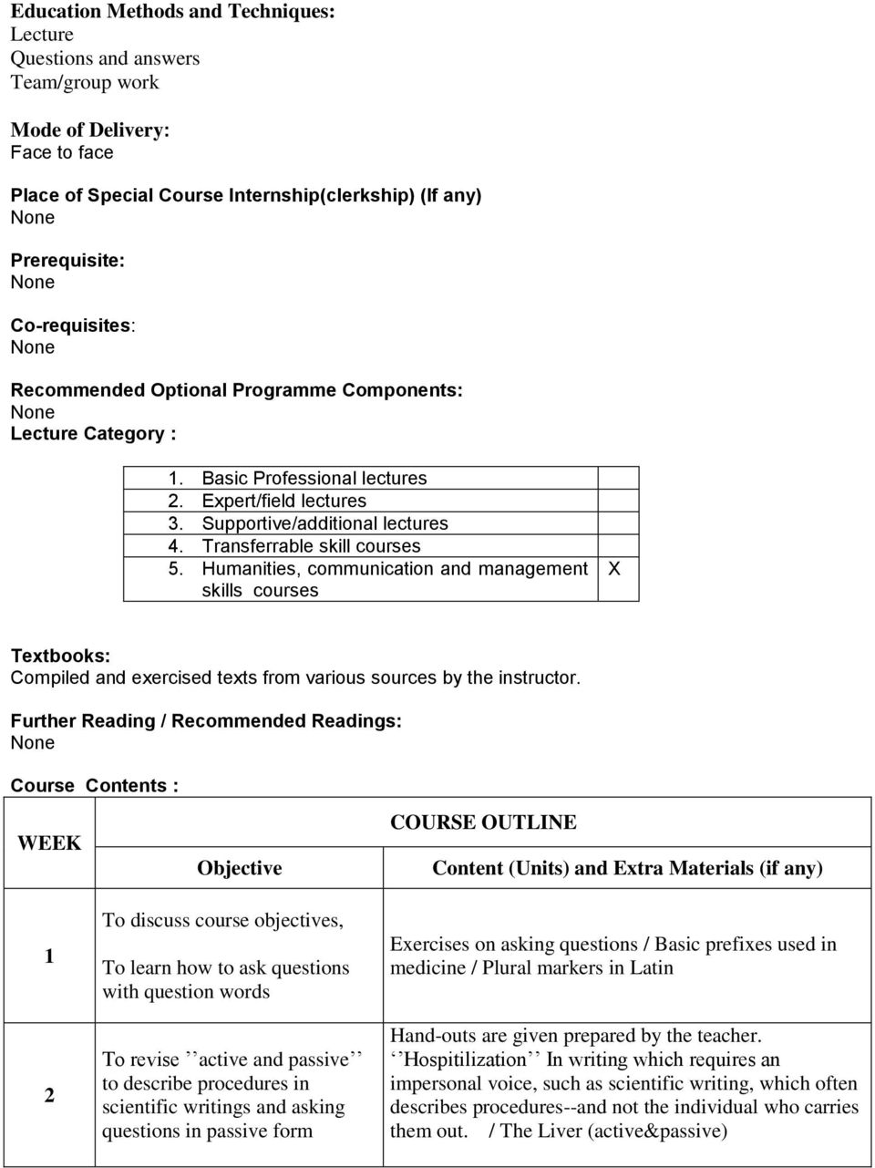 Transferrable skill courses 5. Humanities, communication and management skills courses Textbooks: Compiled and exercised texts from various sources by the instructor.