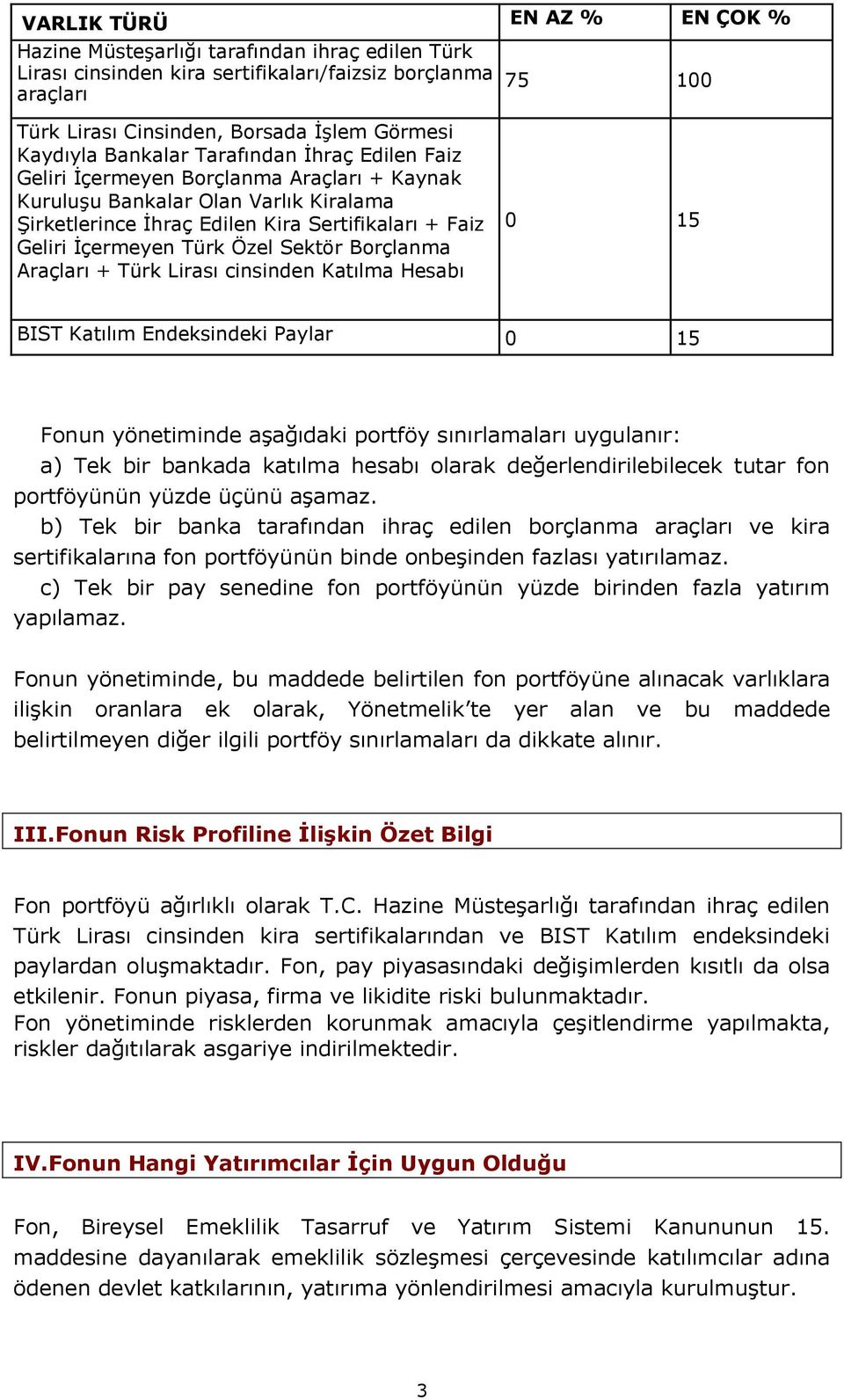 İçermeyen Türk Özel Sektör Borçlanma Araçları + Türk Lirası cinsinden Katılma Hesabı 0 15 BIST Katılım Endeksindeki Paylar 0 15 Fonun yönetiminde aşağıdaki portföy sınırlamaları uygulanır: a) Tek bir