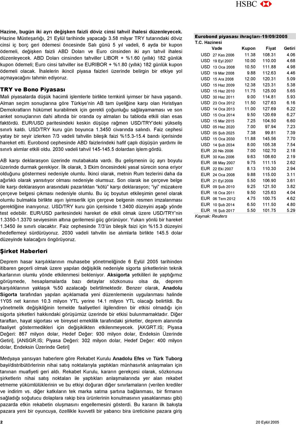 düzenleyecek. ABD Doları cinsinden tahviller LIBOR + %1.60 (yıllık) 182 günlük kupon ödemeli; Euro cinsi tahviller ise EURIBOR + %1.80 (yıllık) 182 günlük kupon ödemeli olacak.