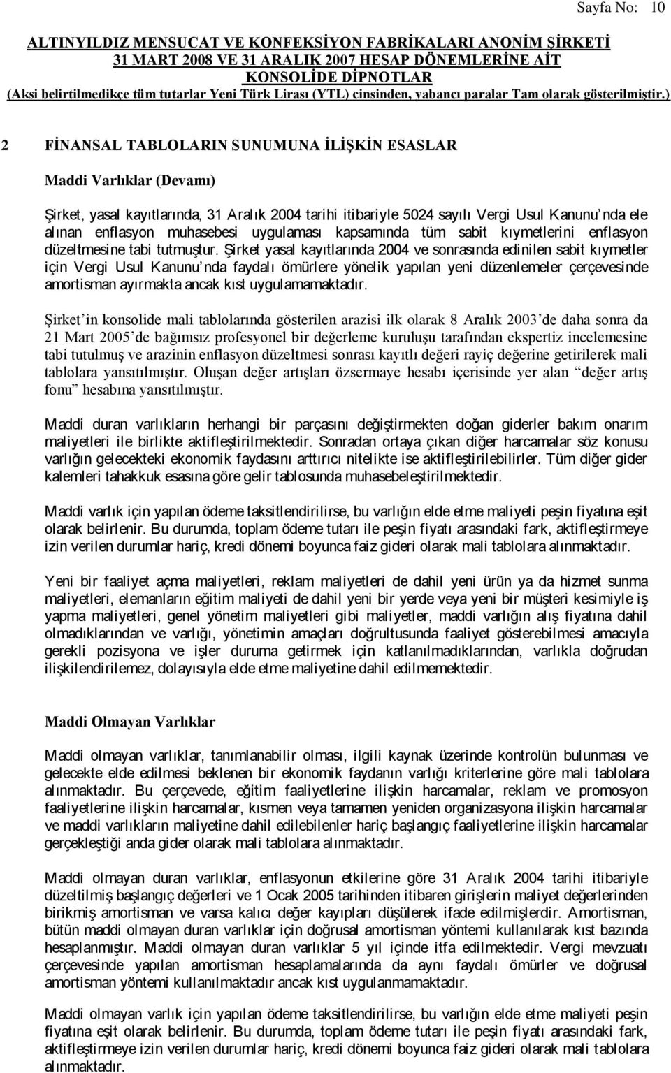 Şirket yasal kayıtlarında 2004 ve sonrasında edinilen sabit kıymetler için Vergi Usul Kanunu nda faydalı ömürlere yönelik yapılan yeni düzenlemeler çerçevesinde amortisman ayırmakta ancak kıst